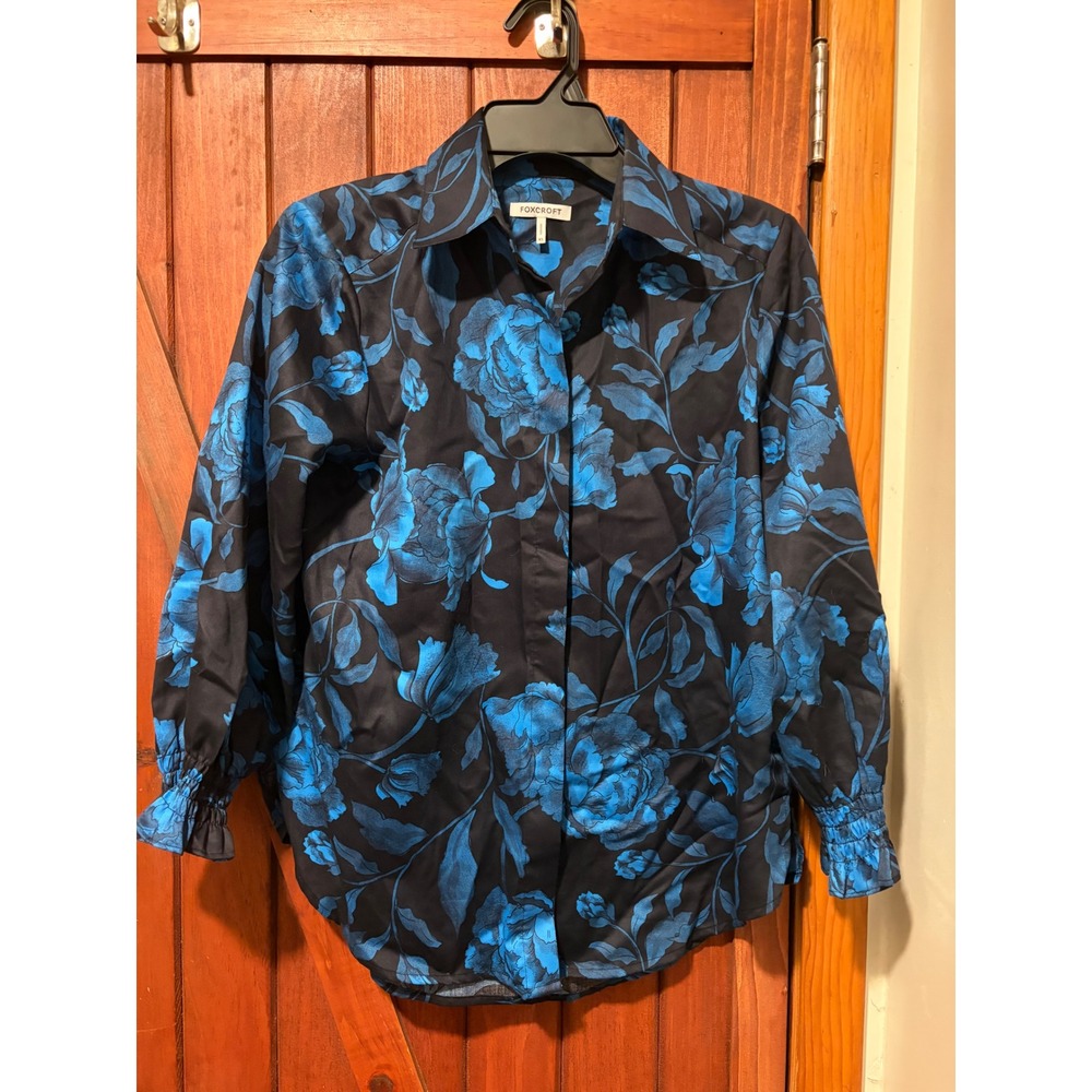 Foxcroft Blue Floral Black Button Down Shirt Smocked Ruffle Cuff Blouse XS